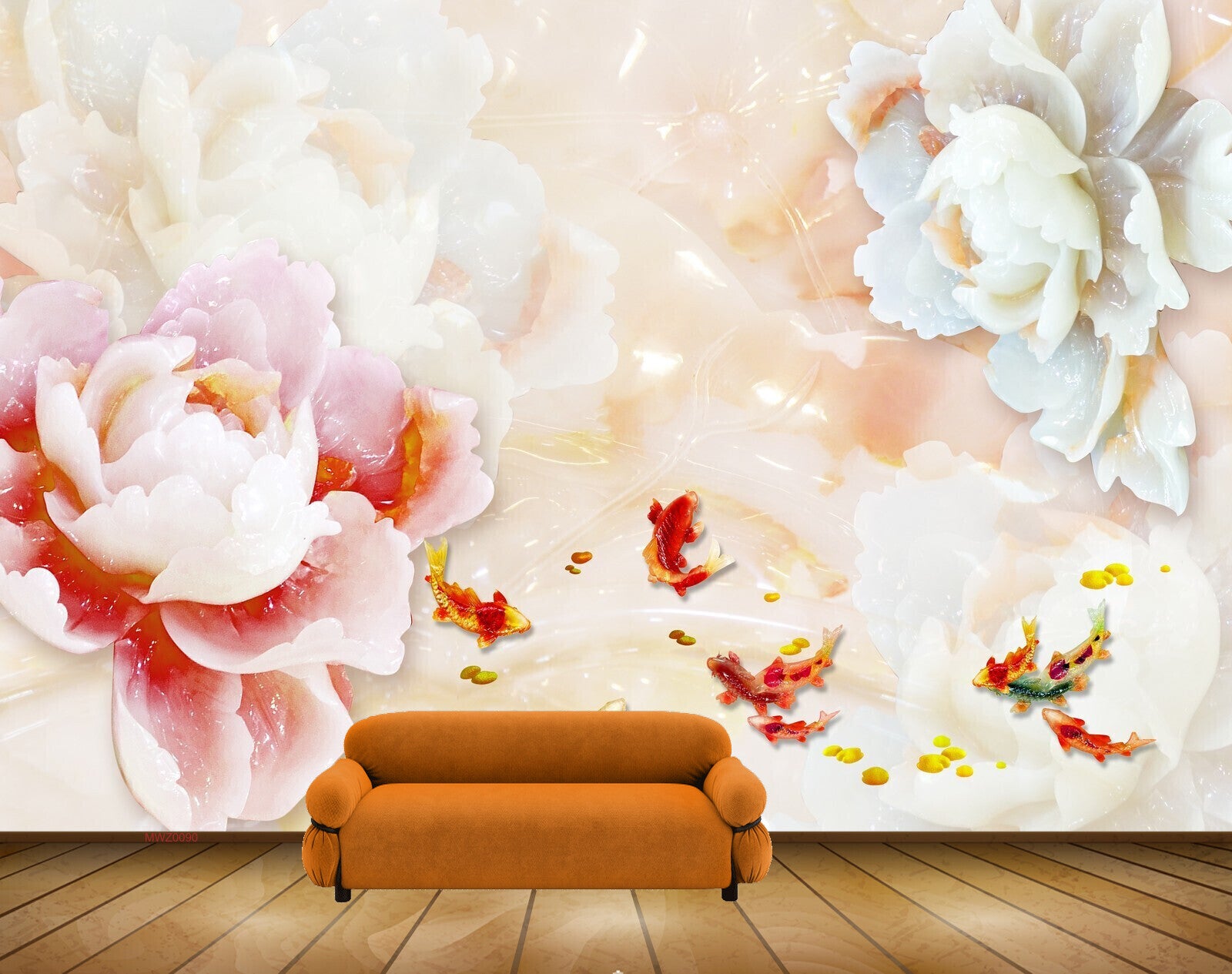 Avikalp MWZ0090 Red White Flowers Fishes 3D HD Wallpaper