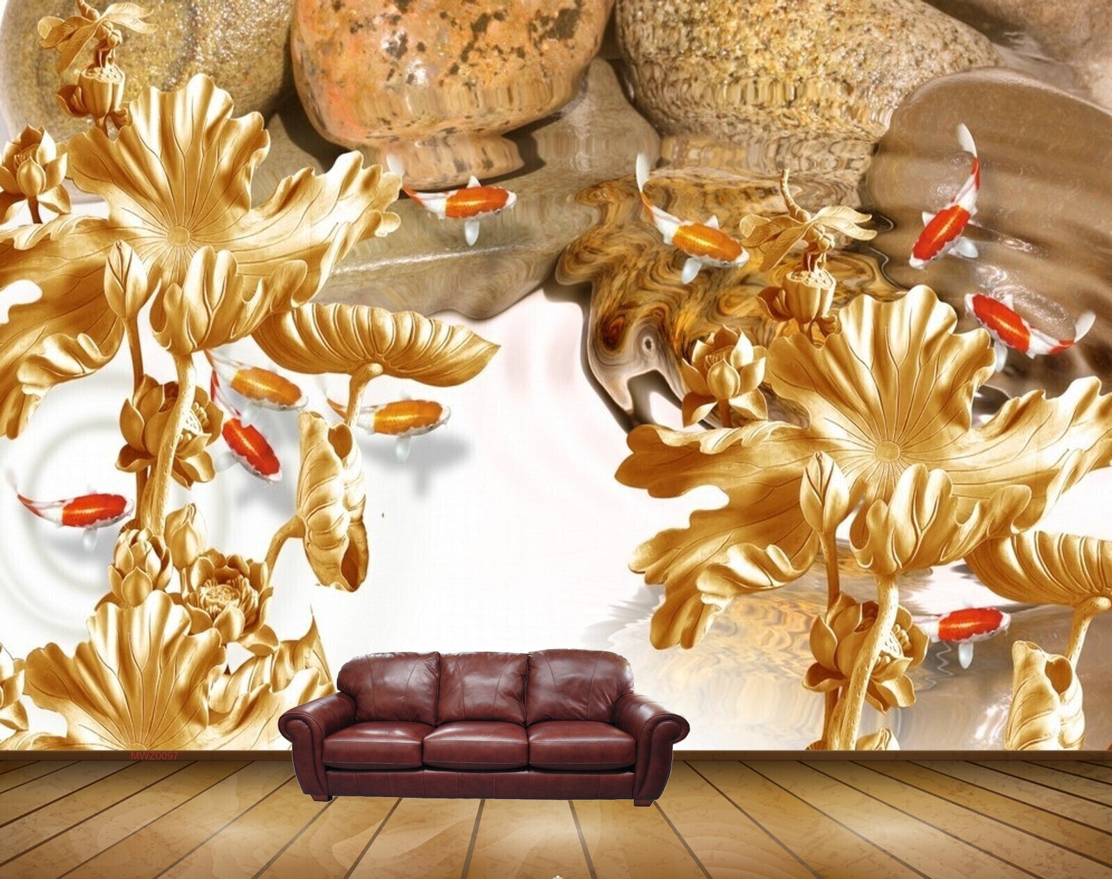Avikalp MWZ0097 Golden Fishes Flowers Plants HD Wallpaper