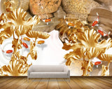 Avikalp MWZ0097 Golden Fishes Flowers Plants 3D HD Wallpaper