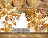 Avikalp MWZ0097 Golden Fishes Flowers Plants 3D HD Wallpaper
