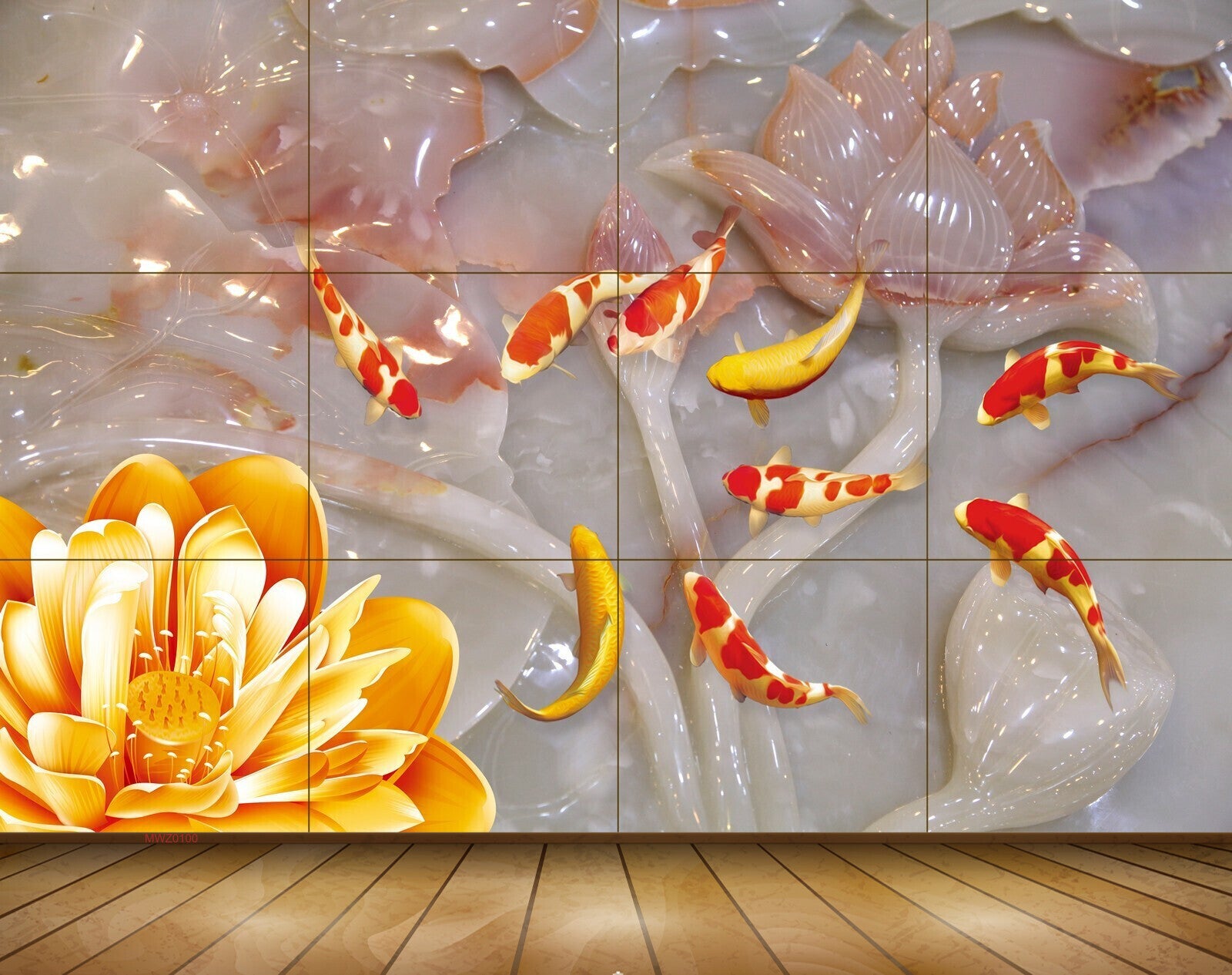 Avikalp MWZ0100 Orange Flowers Fishes 3D HD Wallpaper