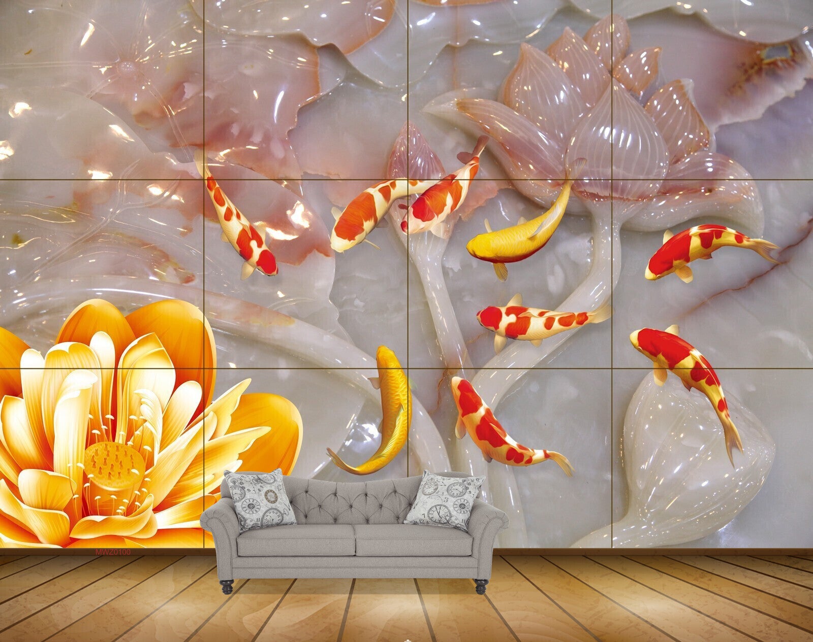 Avikalp MWZ0100 Orange Flowers Fishes 3D HD Wallpaper