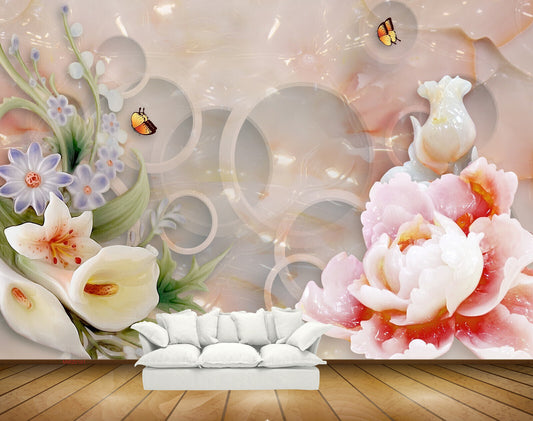 Avikalp MWZ0101 White Pink Purple Flowers Butterflies HD Wallpaper