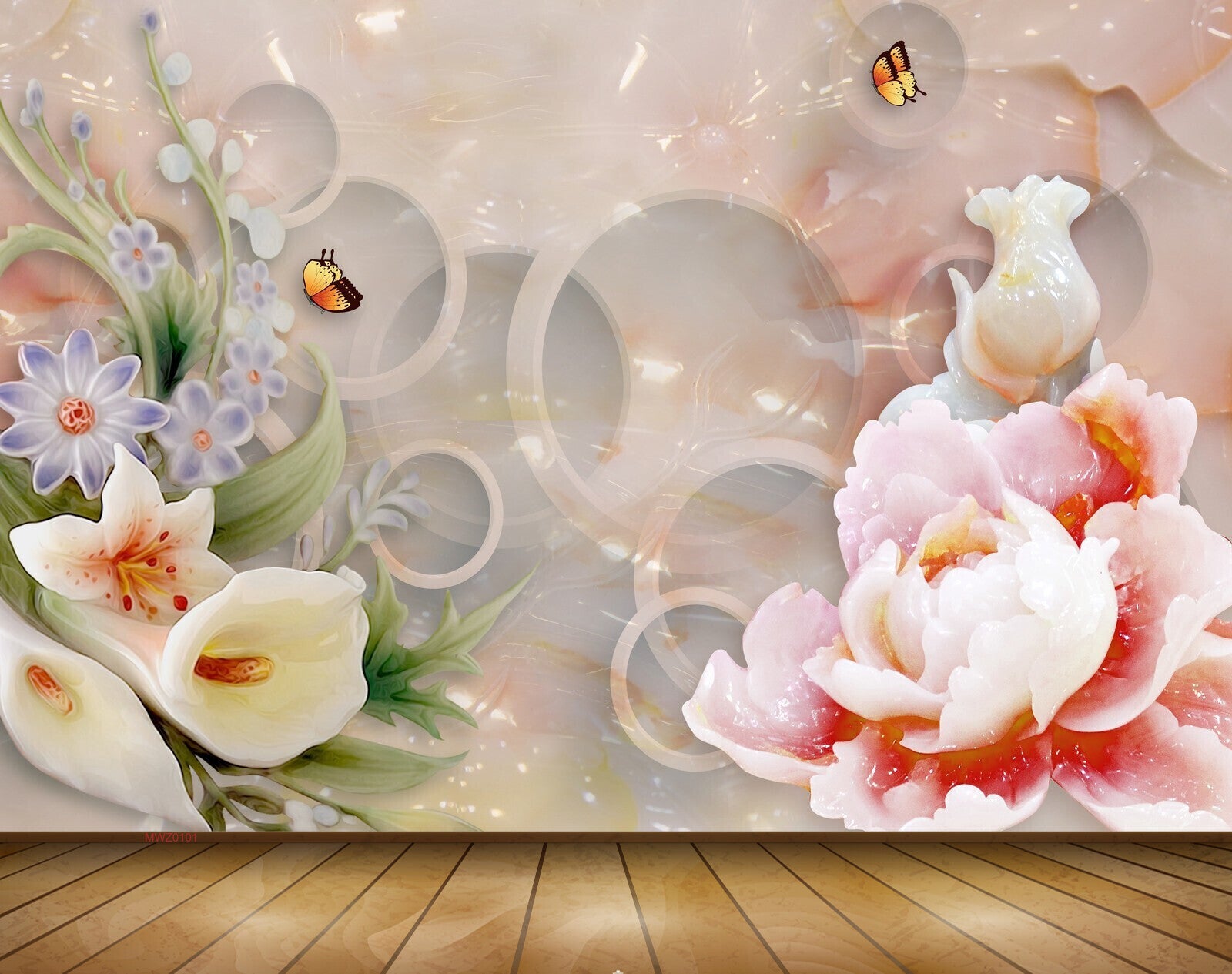 Avikalp MWZ0101 White Pink Purple Flowers Butterflies 3D HD Wallpaper