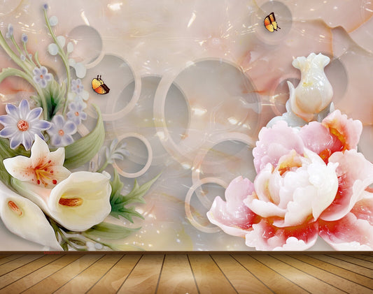Avikalp MWZ0101 White Pink Purple Flowers Butterflies 3D HD Wallpaper