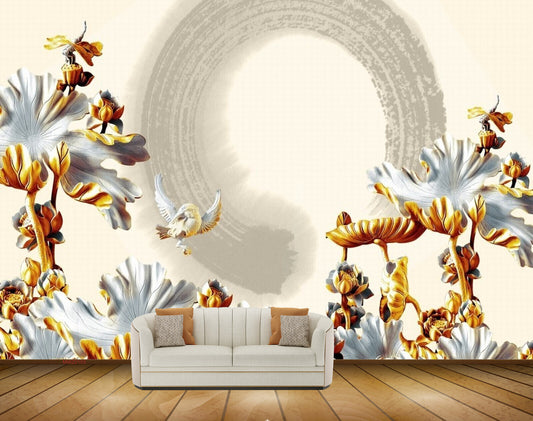 Avikalp MWZ0103 White Orange Flowers Birds HD Wallpaper