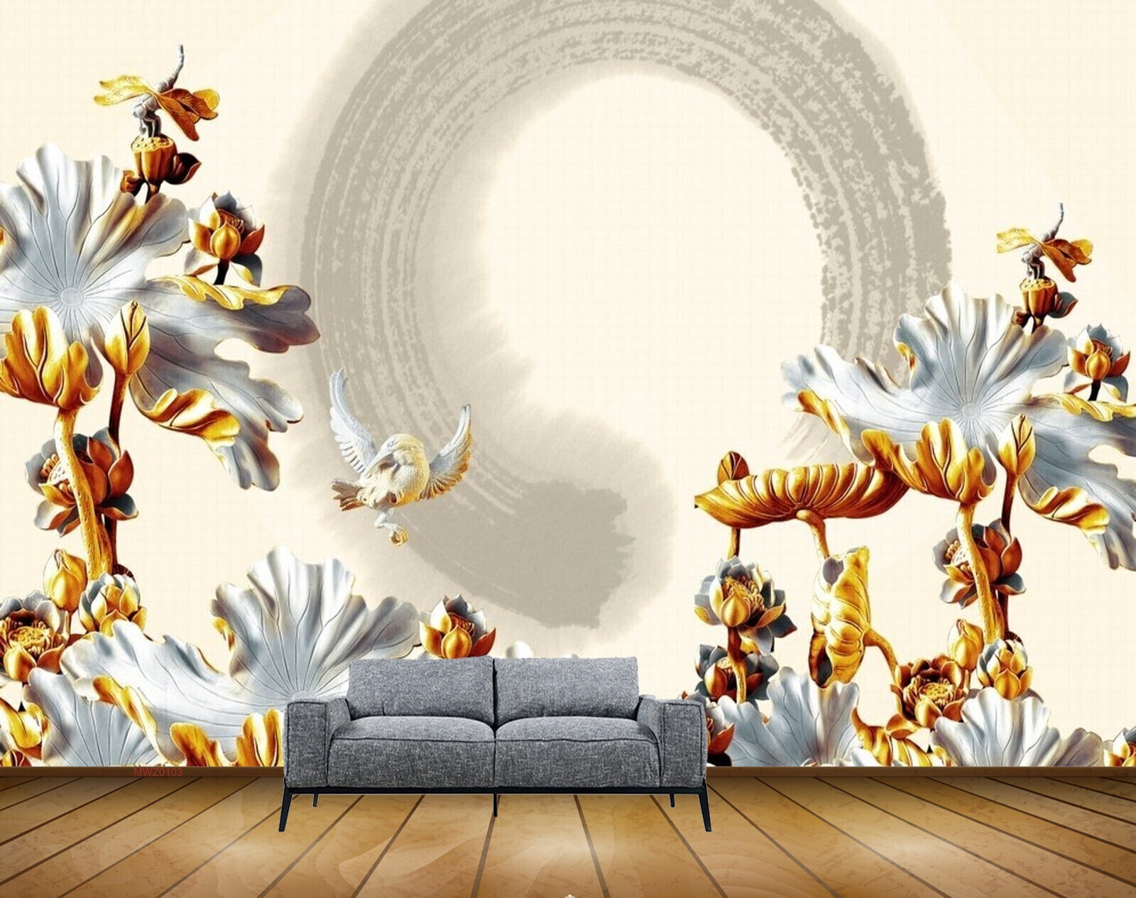 Avikalp MWZ0103 White Orange Flowers Birds 3D HD Wallpaper