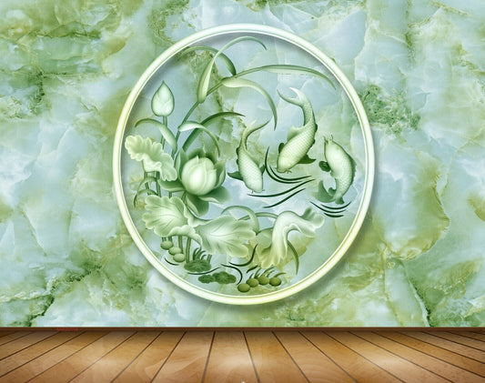 Avikalp MWZ0104 White Green Flowers Fishes 3D HD Wallpaper
