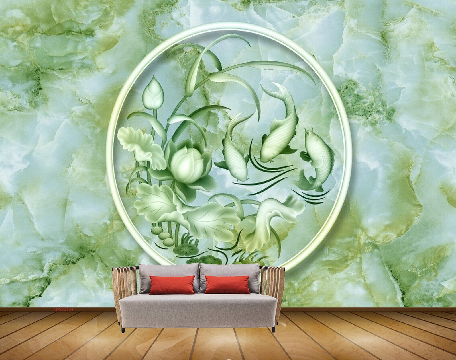 Avikalp MWZ0104 White Green Flowers Fishes 3D HD Wallpaper
