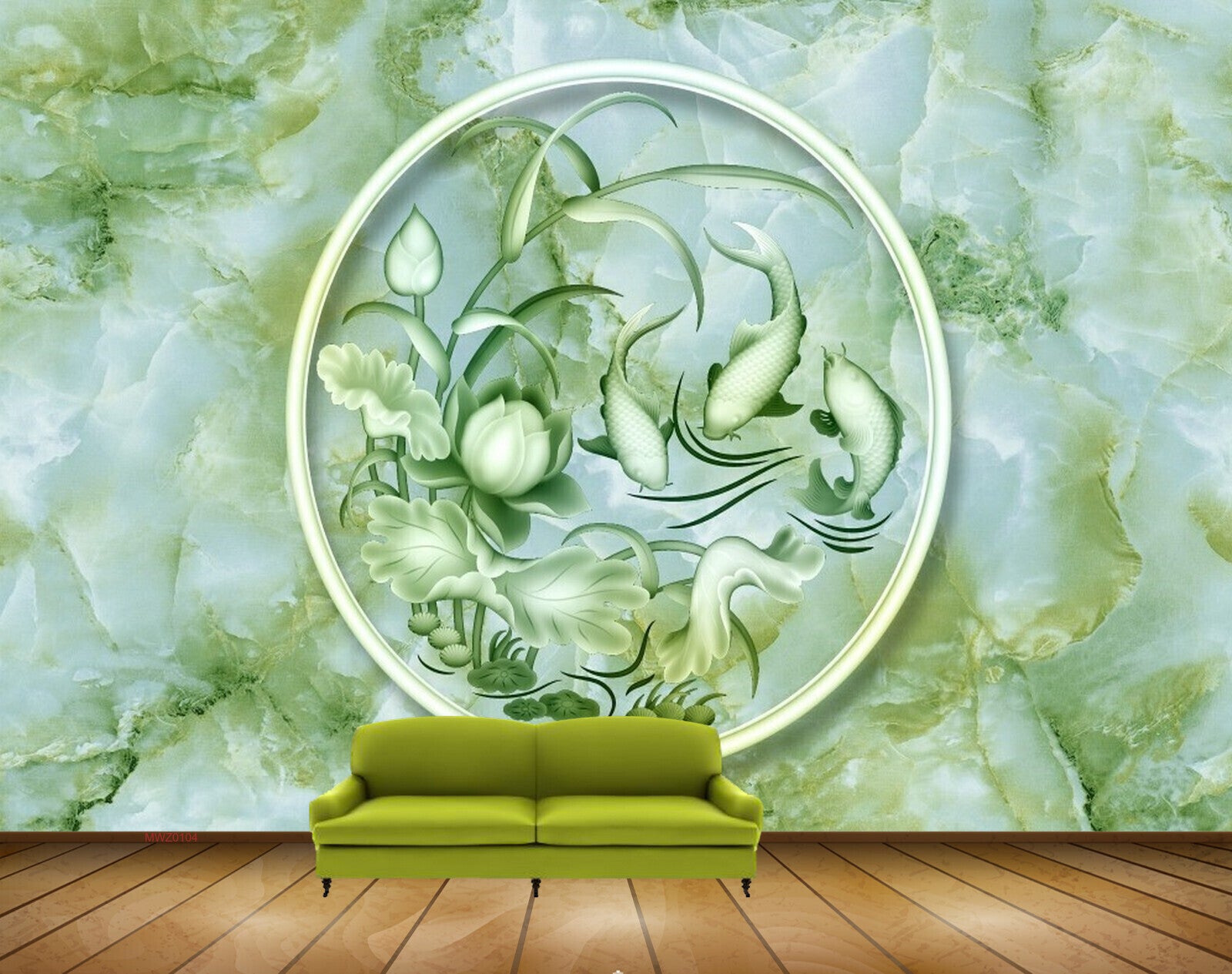 Avikalp MWZ0104 White Green Flowers Fishes 3D HD Wallpaper