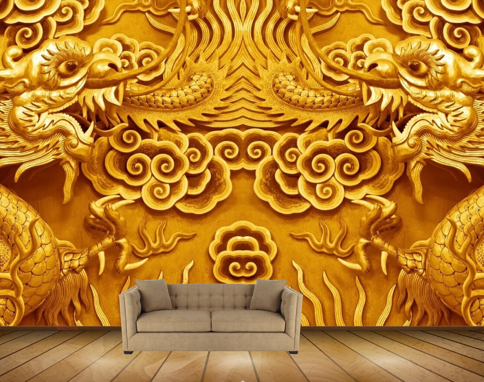 Avikalp MWZ0105 Golden Flowers Snakes Lions 3D HD Wallpaper