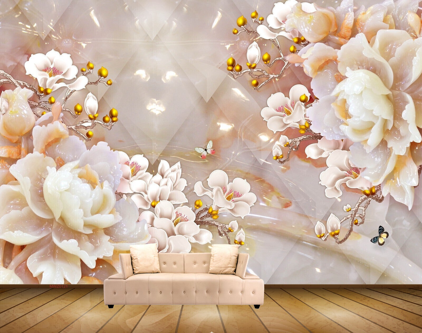 Avikalp MWZ0121 White Orange Flowers Butterflies 3D HD Wallpaper