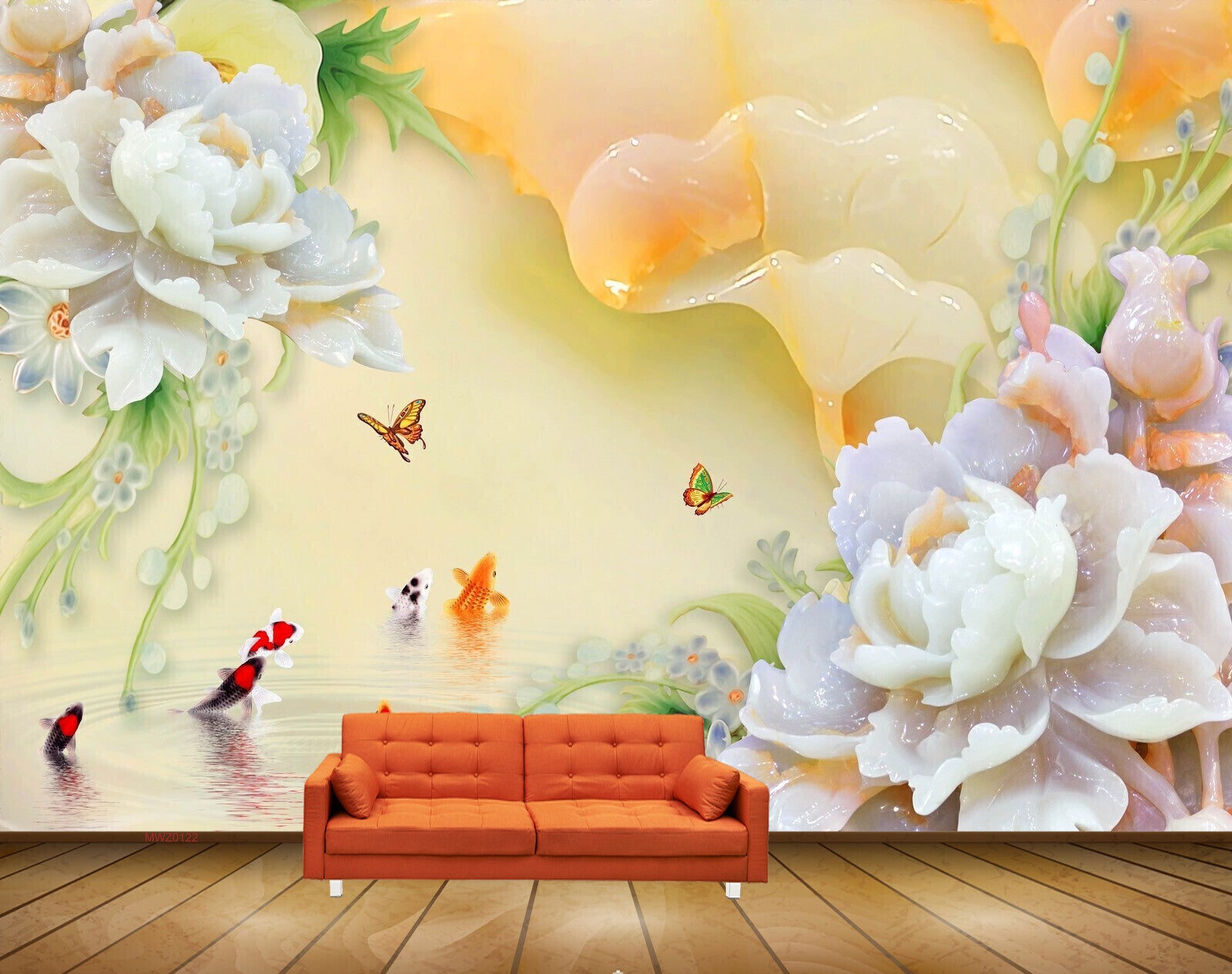 Avikalp MWZ0122 White Flowers Fishes Butterflies 3D HD Wallpaper