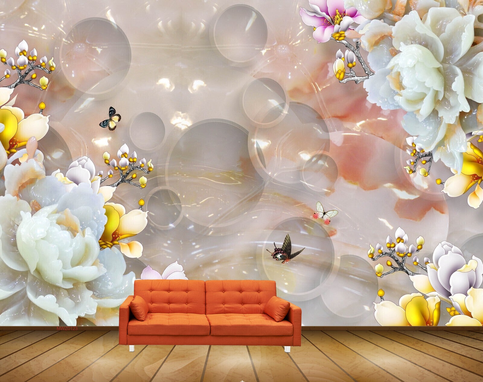 Avikalp MWZ0123 White Pink Flowers Butterflies 3D HD Wallpaper