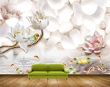 Avikalp MWZ0124 White Pink Flowers Fishes Bird 3D HD Wallpaper