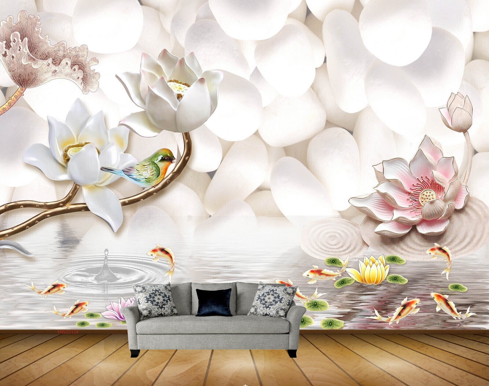 Avikalp MWZ0124 White Pink Flowers Fishes Bird 3D HD Wallpaper