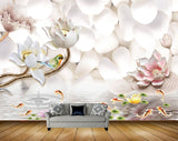 Avikalp MWZ0124 White Pink Flowers Fishes Bird 3D HD Wallpaper