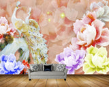 Avikalp MWZ0127 Peacocks Pink Blue Yellow Flowers HD Wallpaper