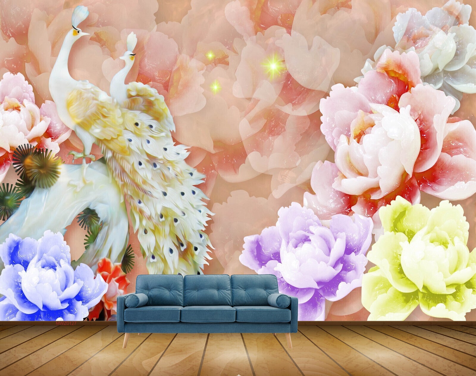 Avikalp MWZ0127 Peacocks Pink Blue Yellow Flowers 3D HD Wallpaper
