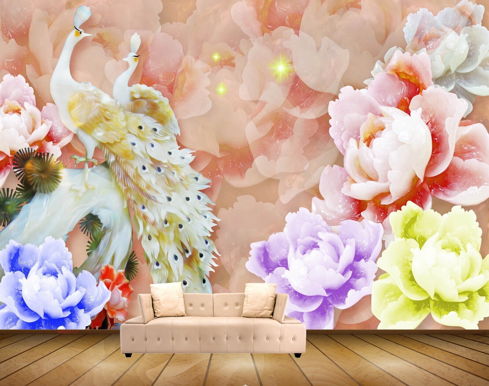 Avikalp MWZ0127 Peacocks Pink Blue Yellow Flowers 3D HD Wallpaper