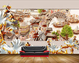 Avikalp MWZ0128 White Flowers Trees Bridge Boats 3D HD Wallpaper