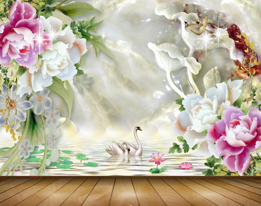 Avikalp MWZ0129 White Pink lotus Flowers Swans Birds 3D HD Wallpaper