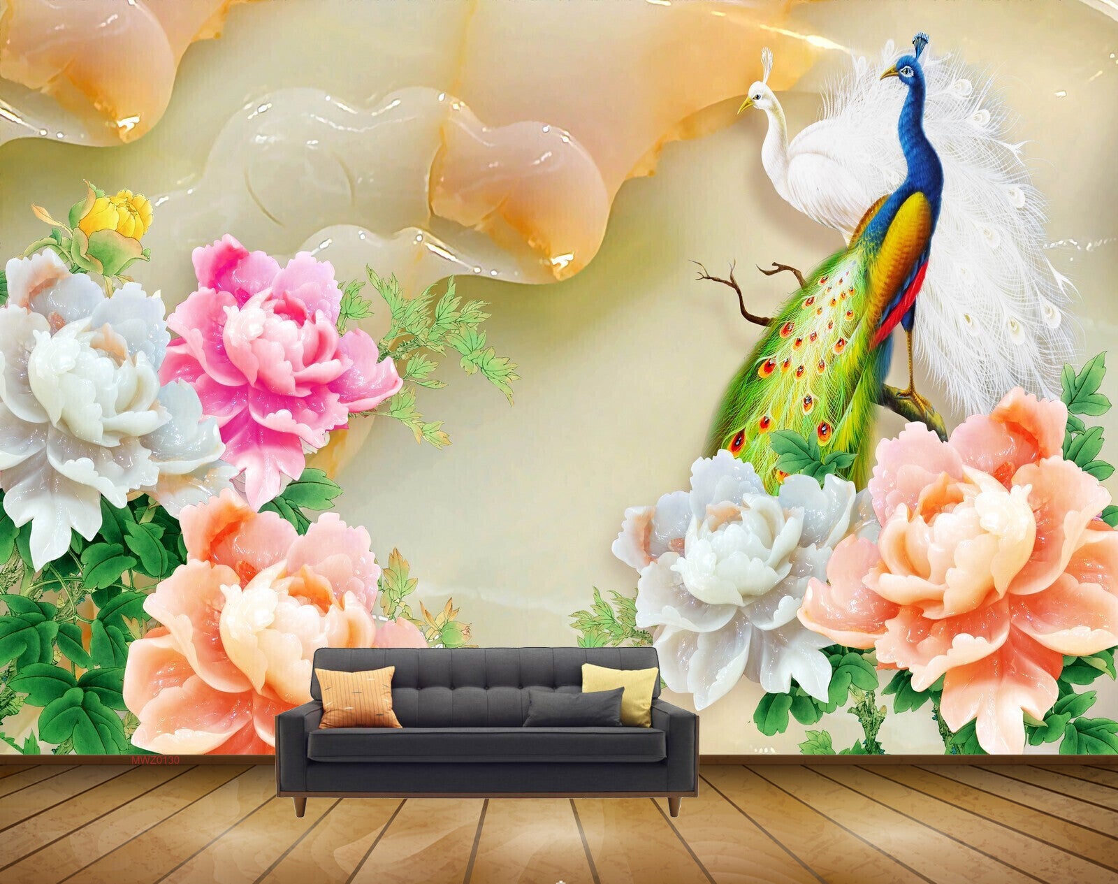 Avikalp MWZ0130 Peacocks White Pink Orange Flowers 3D HD Wallpaper