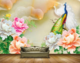 Avikalp MWZ0130 Peacocks White Pink Orange Flowers 3D HD Wallpaper