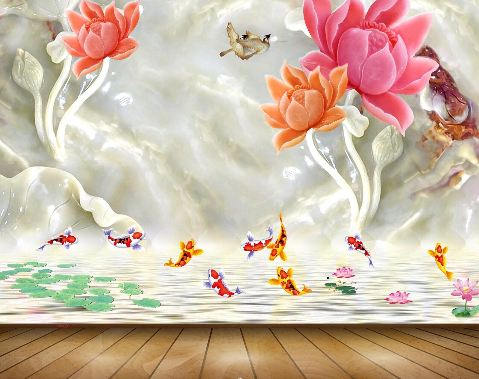 Avikalp MWZ0131 Pink Orange Flowers Fishes Birds 3D HD Wallpaper