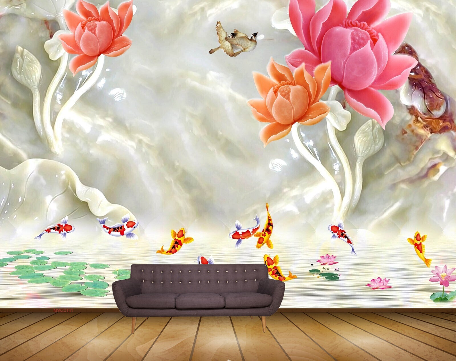 Avikalp MWZ0131 Pink Orange Flowers Fishes Birds 3D HD Wallpaper