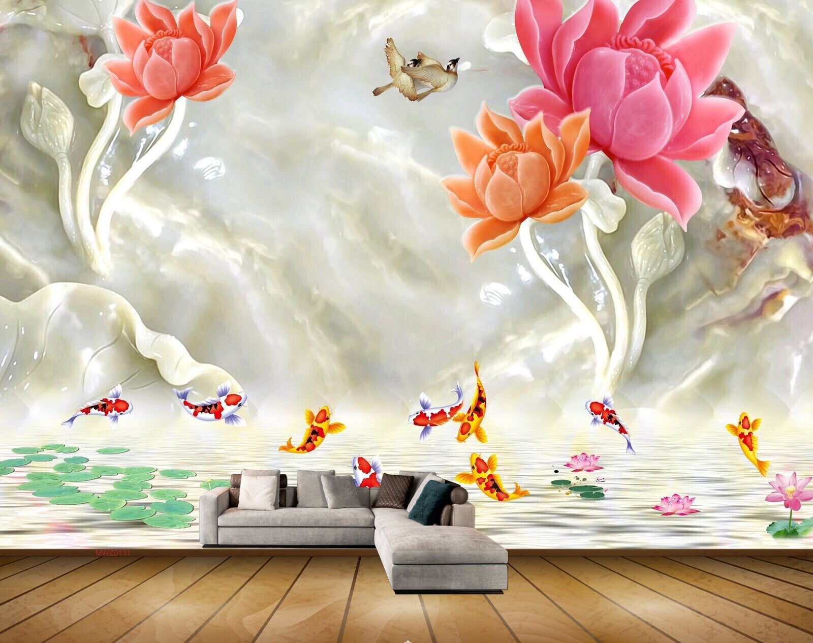 Avikalp MWZ0131 Pink Orange Flowers Fishes Birds 3D HD Wallpaper