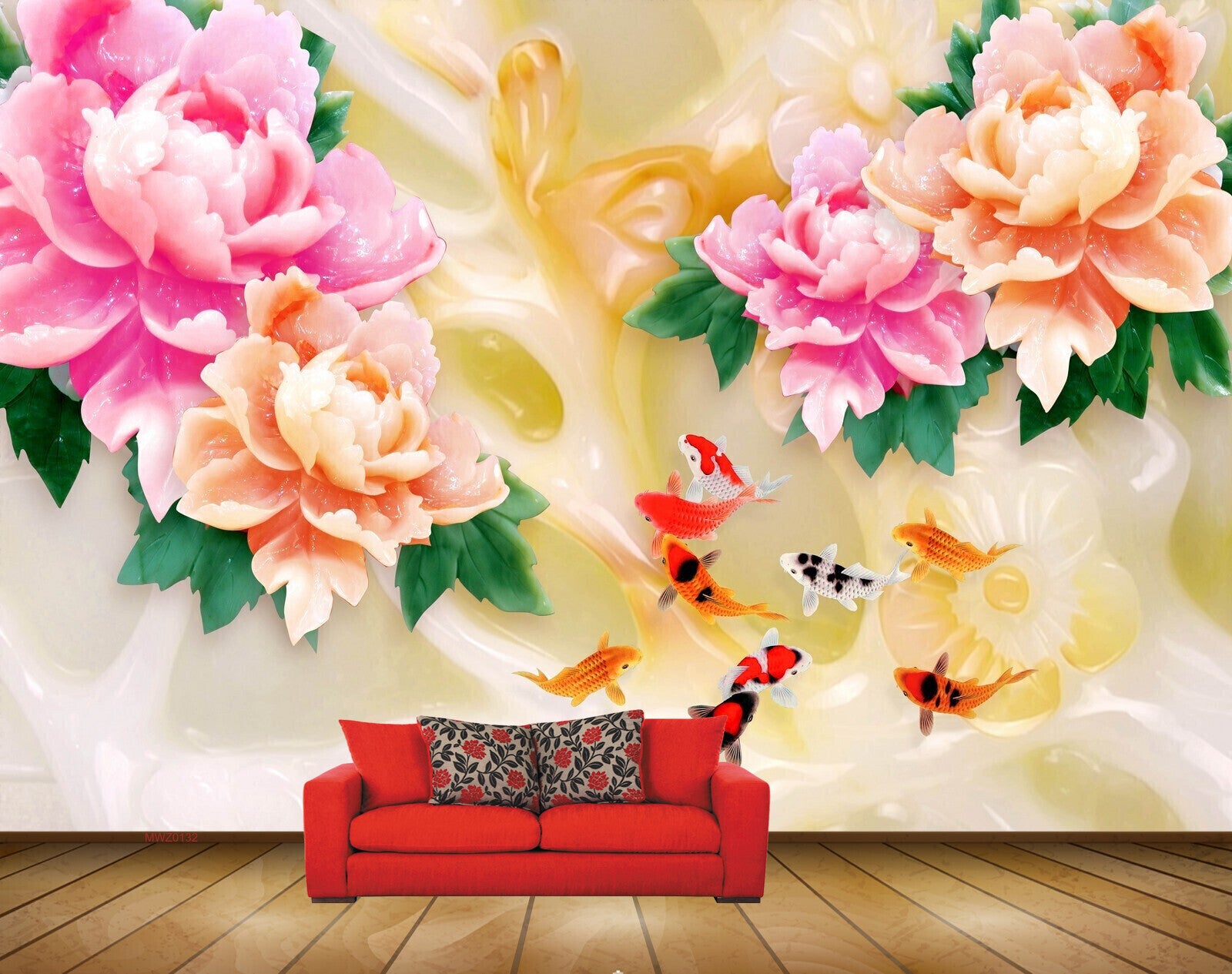 Avikalp MWZ0132 Pink Orange Flowers Fishes 3D HD Wallpaper