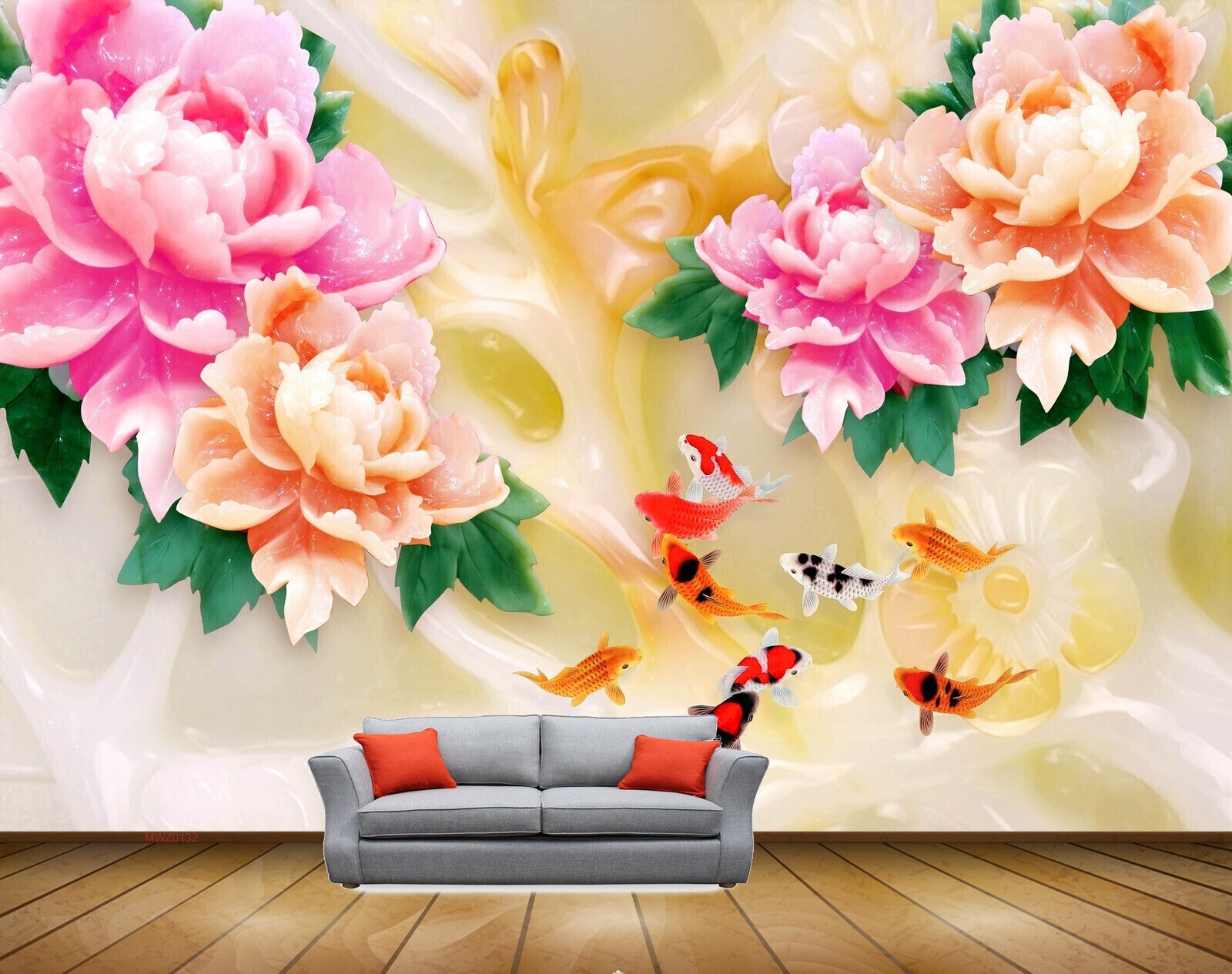 Avikalp MWZ0132 Pink Orange Flowers Fishes 3D HD Wallpaper