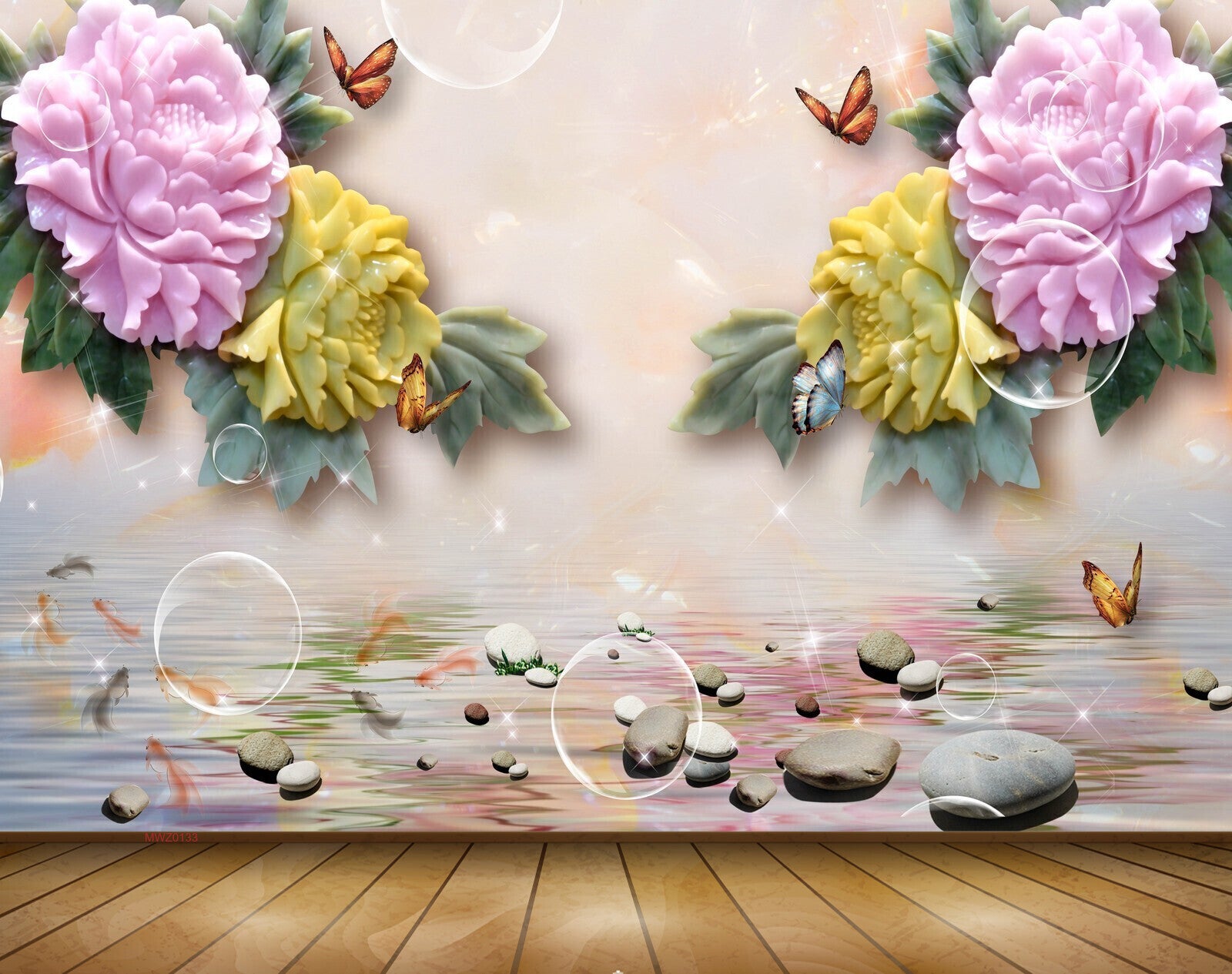 Avikalp MWZ0133 Pink Yellow Flowers Fishes Birds Stones 3D HD Wallpaper