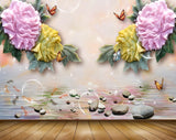 Avikalp MWZ0133 Pink Yellow Flowers Fishes Birds Stones 3D HD Wallpaper