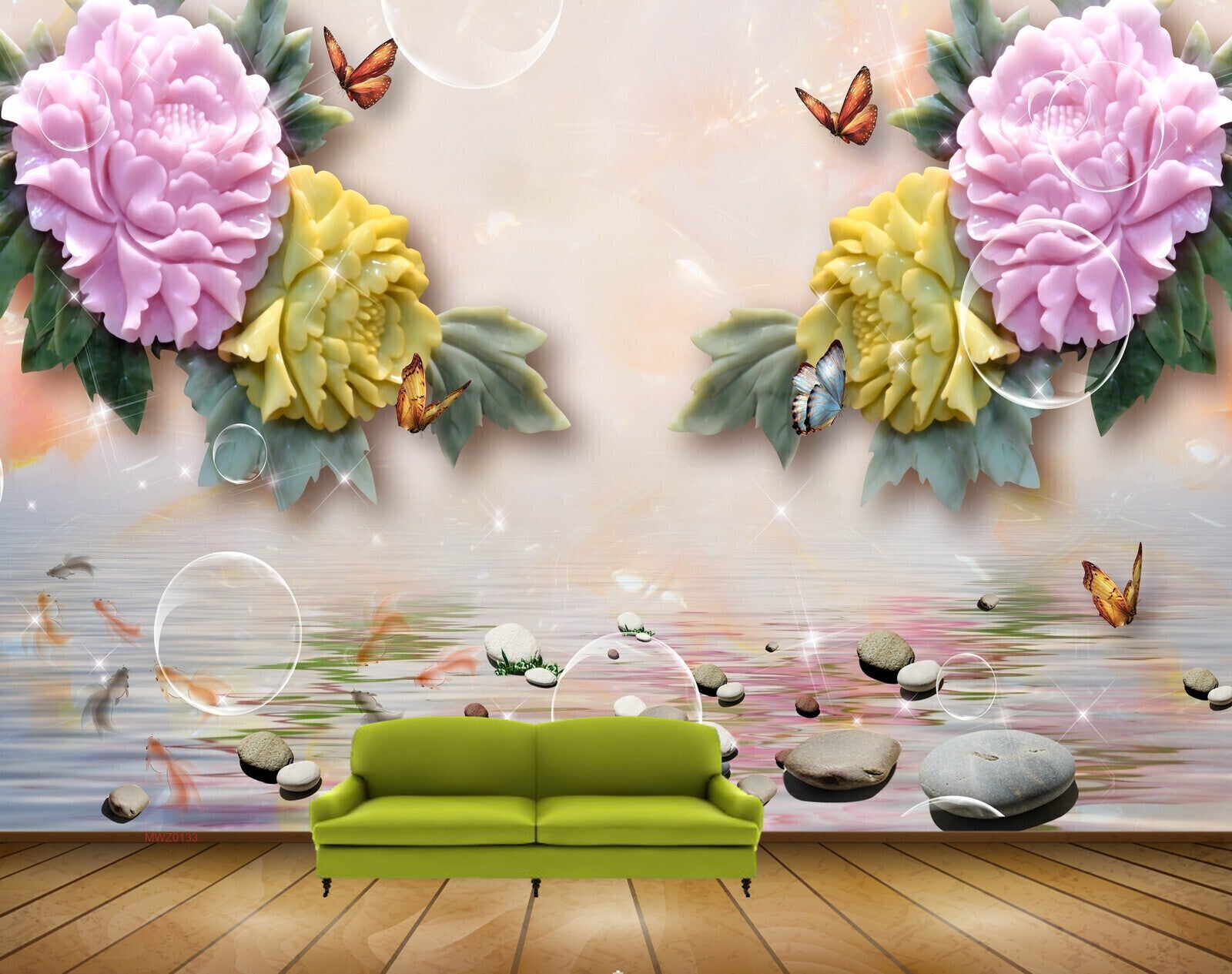 Avikalp MWZ0133 Pink Yellow Flowers Fishes Birds Stones 3D HD Wallpaper