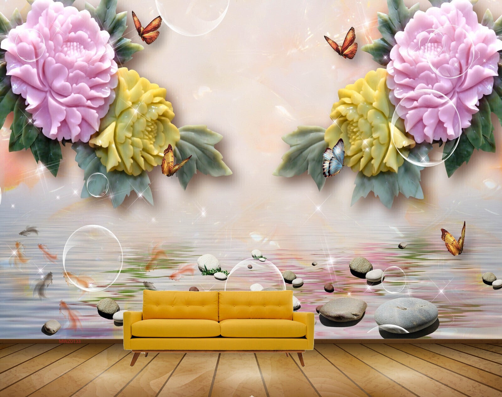 Avikalp MWZ0133 Pink Yellow Flowers Fishes Birds Stones 3D HD Wallpaper