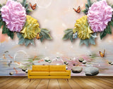 Avikalp MWZ0133 Pink Yellow Flowers Fishes Birds Stones 3D HD Wallpaper