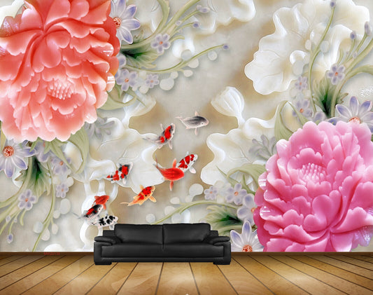 Avikalp MWZ0135 White Red Pink Flowers Fishes HD Wallpaper