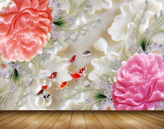 Avikalp MWZ0135 White Red Pink Flowers Fishes 3D HD Wallpaper