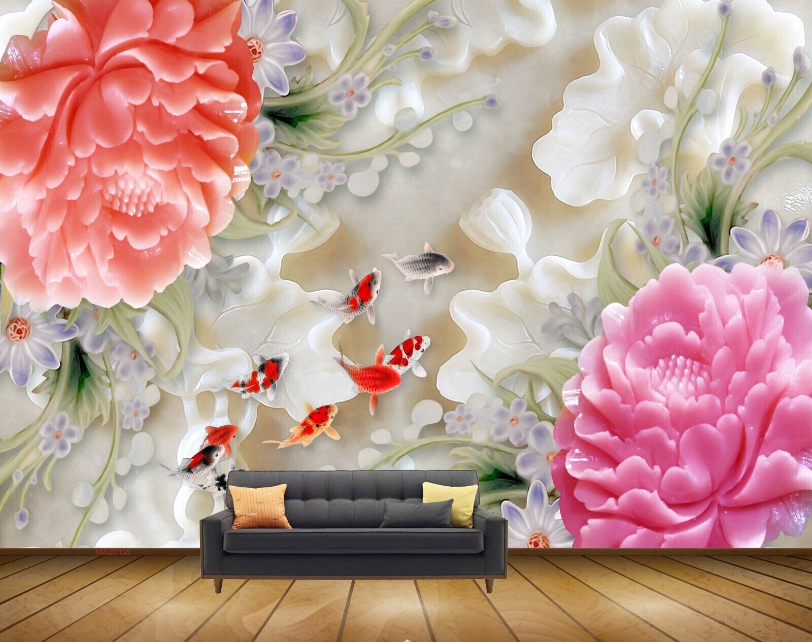 Avikalp MWZ0135 White Red Pink Flowers Fishes 3D HD Wallpaper