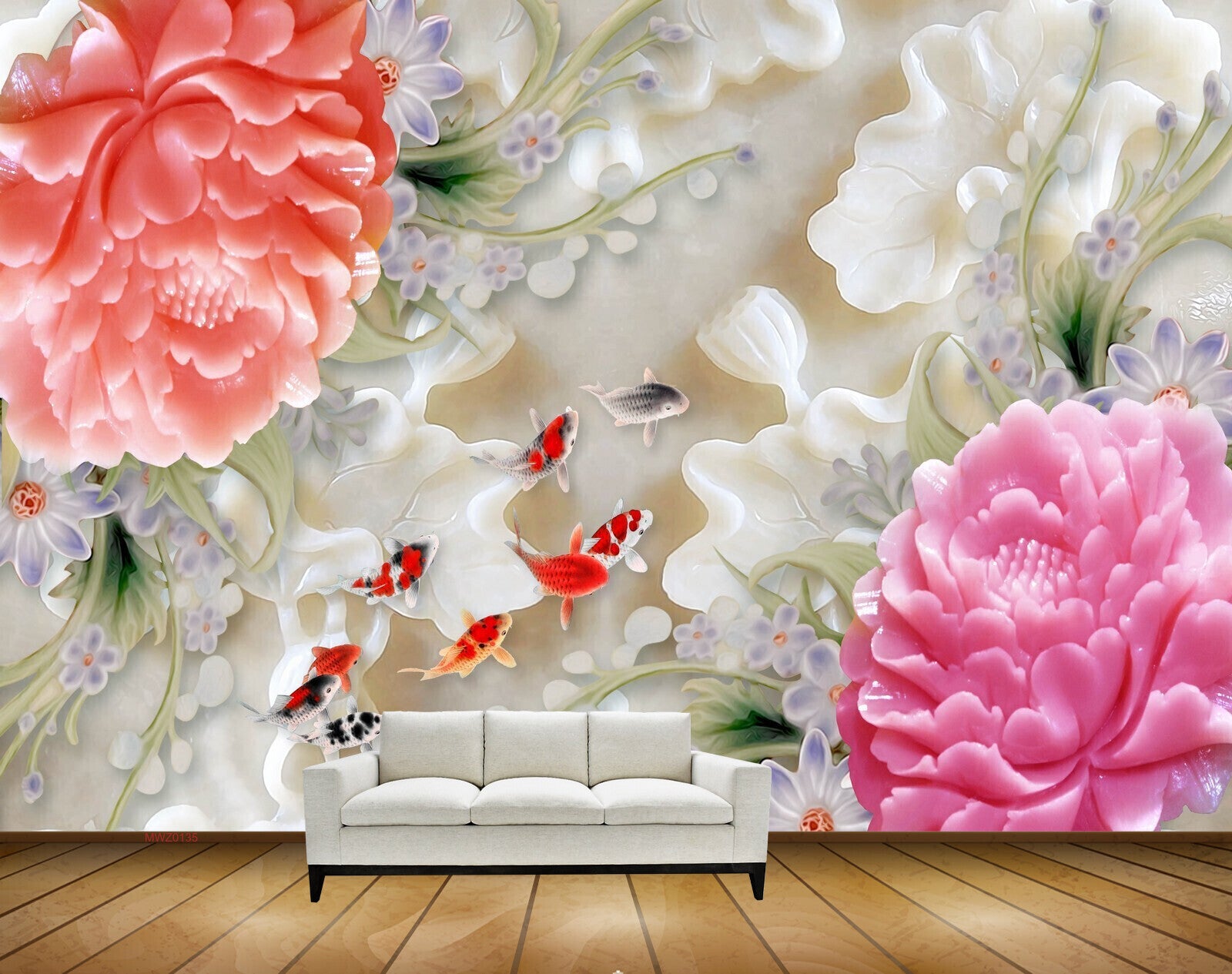 Avikalp MWZ0135 White Red Pink Flowers Fishes 3D HD Wallpaper