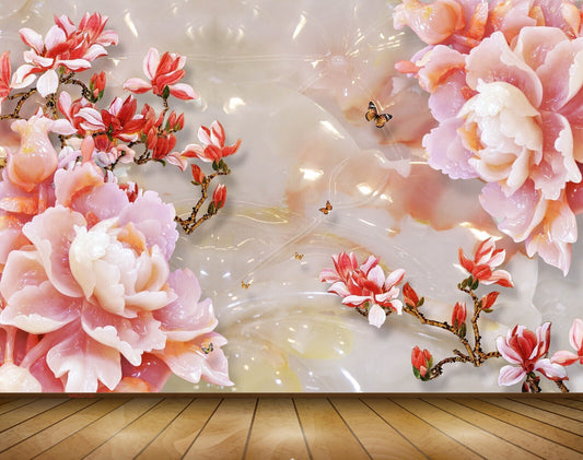 Avikalp MWZ0136 White Red Flowers Butterflies 3D HD Wallpaper