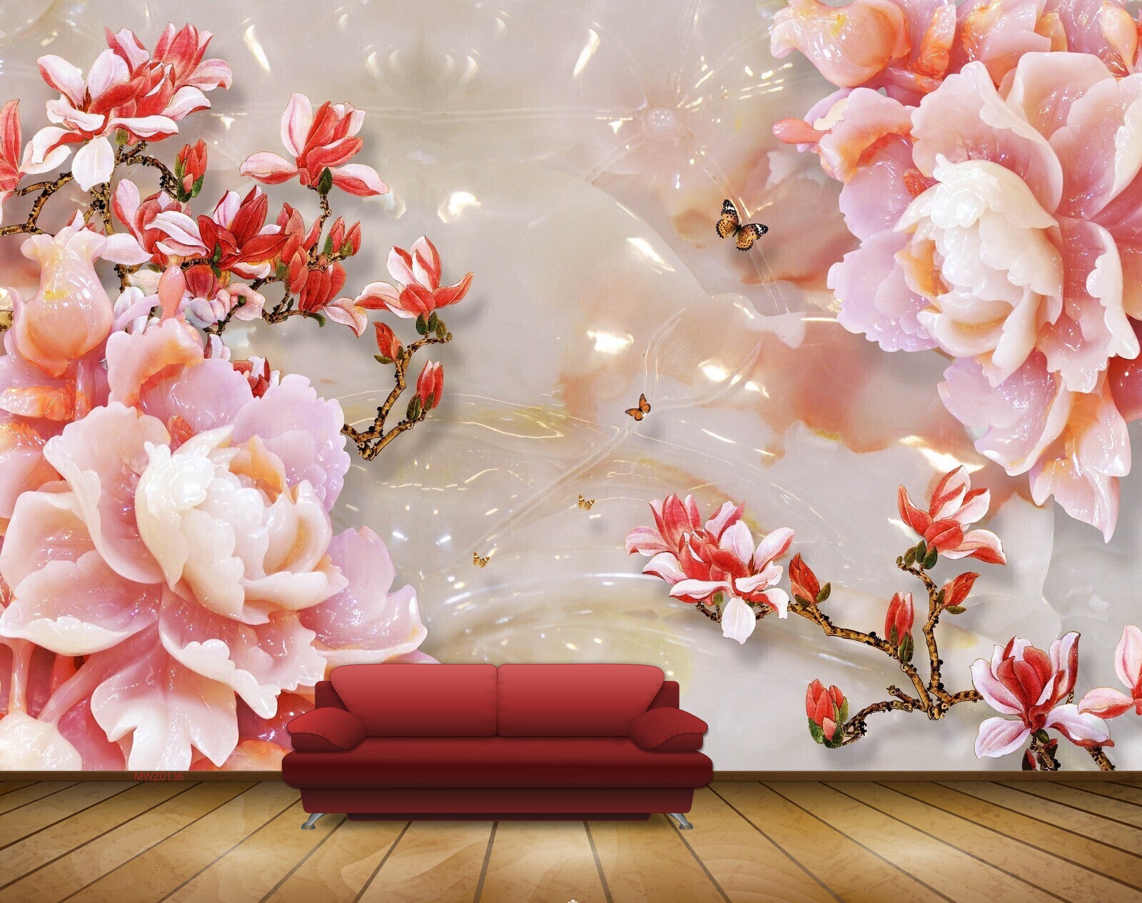 Avikalp MWZ0136 White Red Flowers Butterflies 3D HD Wallpaper