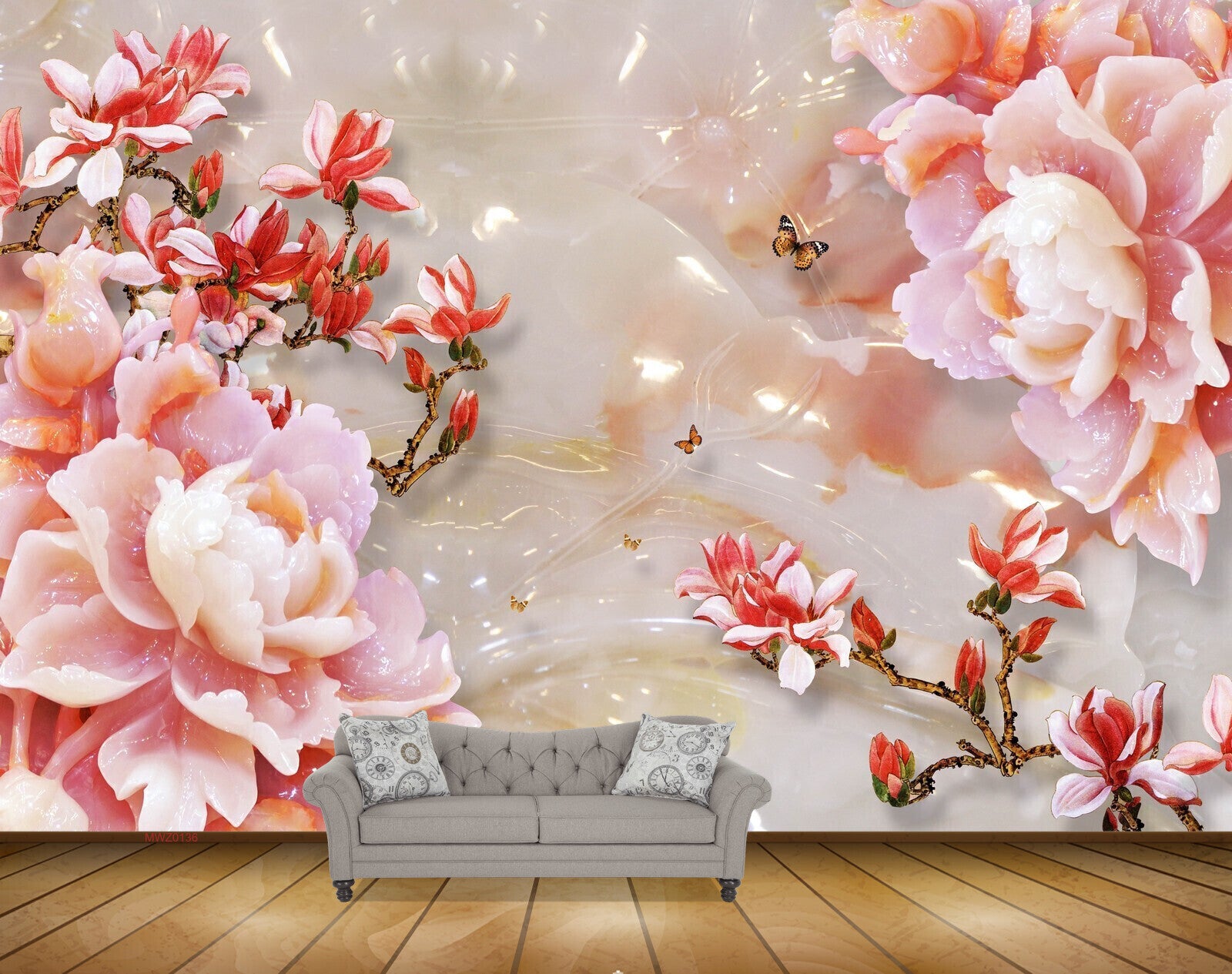 Avikalp MWZ0136 White Red Flowers Butterflies 3D HD Wallpaper