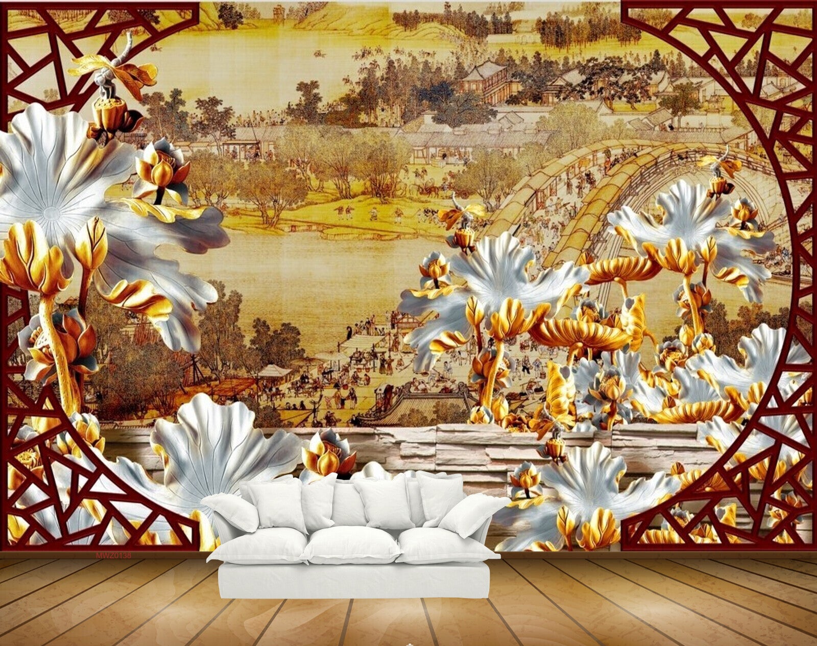 Avikalp MWZ0138 White Golden Plants Houses 3D HD Wallpaper