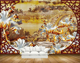 Avikalp MWZ0138 White Golden Plants Houses 3D HD Wallpaper