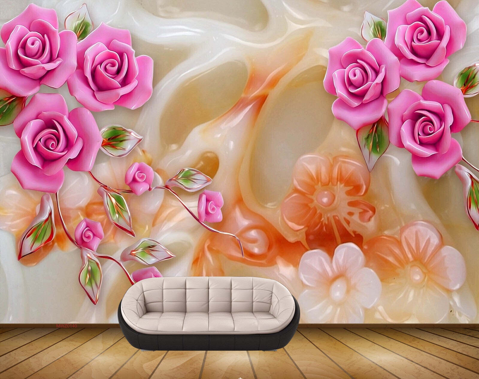 Avikalp MWZ0140 Pink Flowers Leaves 3D HD Wallpaper