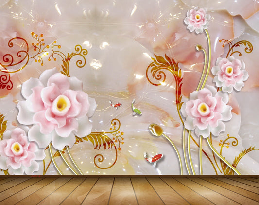 Avikalp MWZ0141 White Pink Flowers Fishes 3D HD Wallpaper