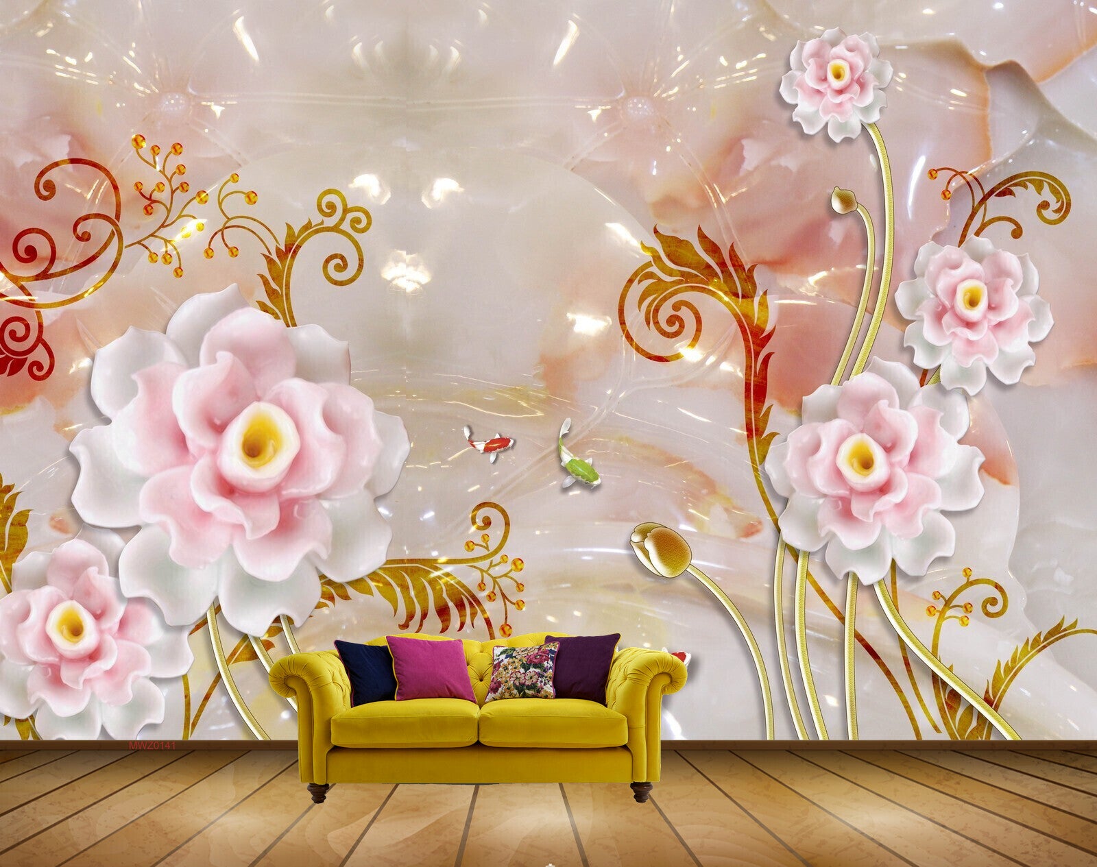 Avikalp MWZ0141 White Pink Flowers Fishes 3D HD Wallpaper